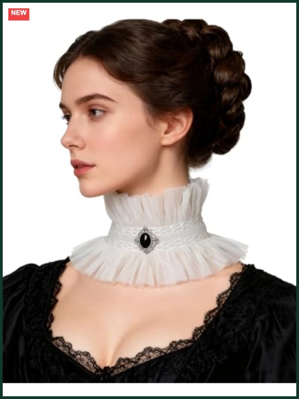 Victorian Ruffle Collar Choker Necklace with Gem